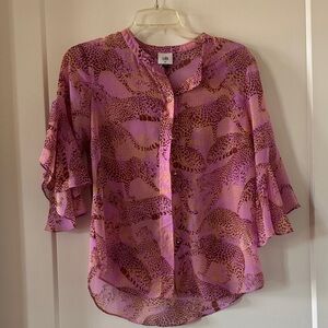 Cabi 5711 Pink/Brown Minx Leopard Graphic Semi Sheer Wide Sleeve Blouse XS EUC